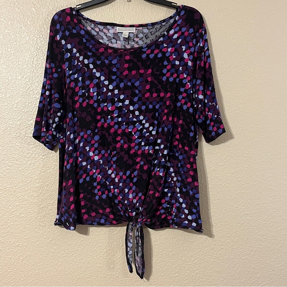 Dana Buchman Women’s L Black & Purple Patterned 1/2 Sleeve Front Tie Top